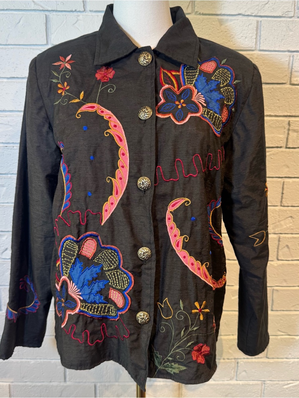 Vintage 90s y2k Alex Kim Brown Jacket Colorful Embroidery Womens S M